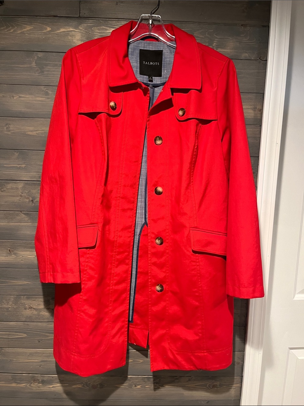 Talbots Bright Red Women's Raincoat with Button Front 12